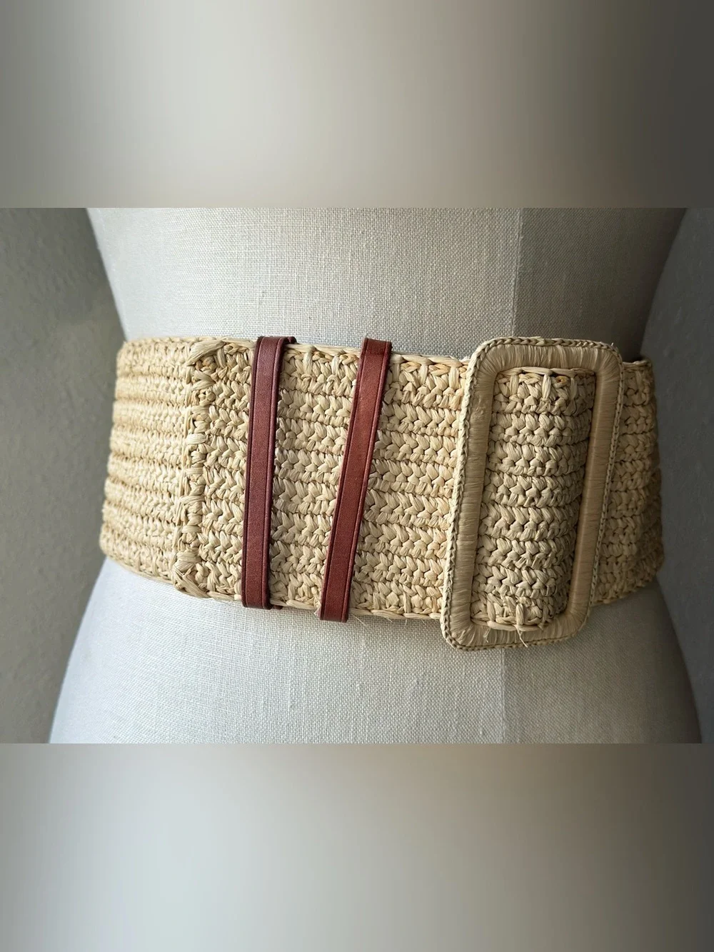 Polo Ralph Lauren Raffia Belt Beige Brown Woven Leather Trim Whipstitch Womens S
